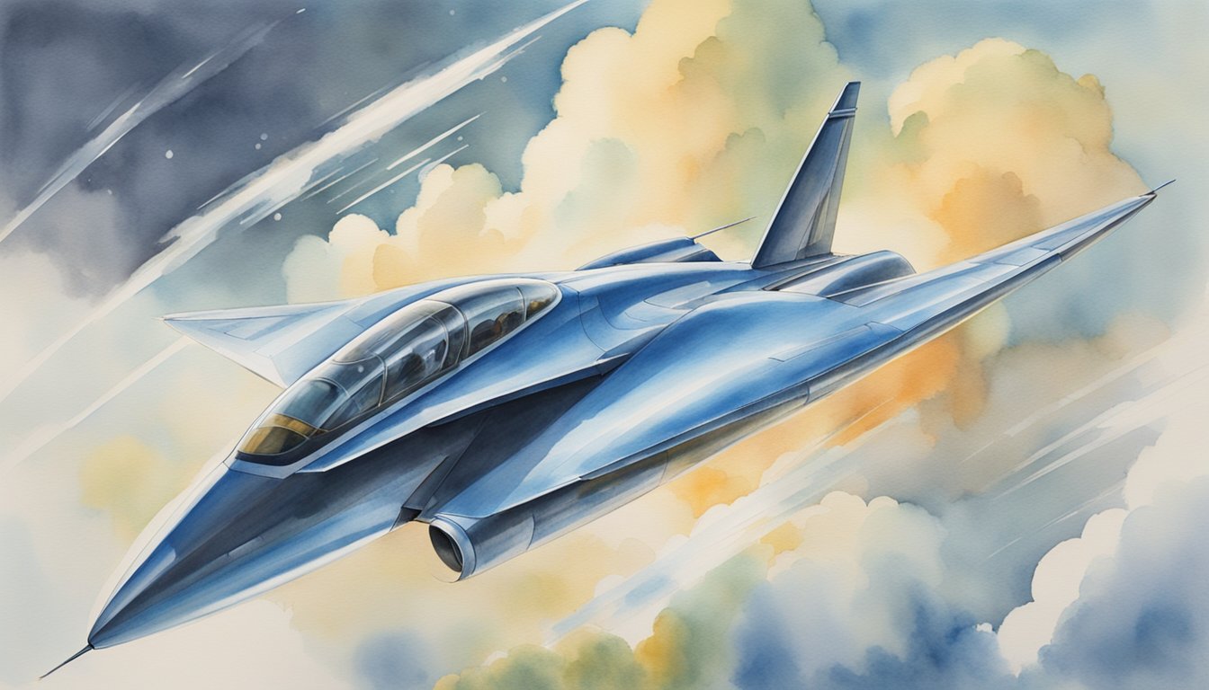 A sleek, futuristic aircraft streaks across the sky, breaking the sound barrier with a trail of speed and power behind it