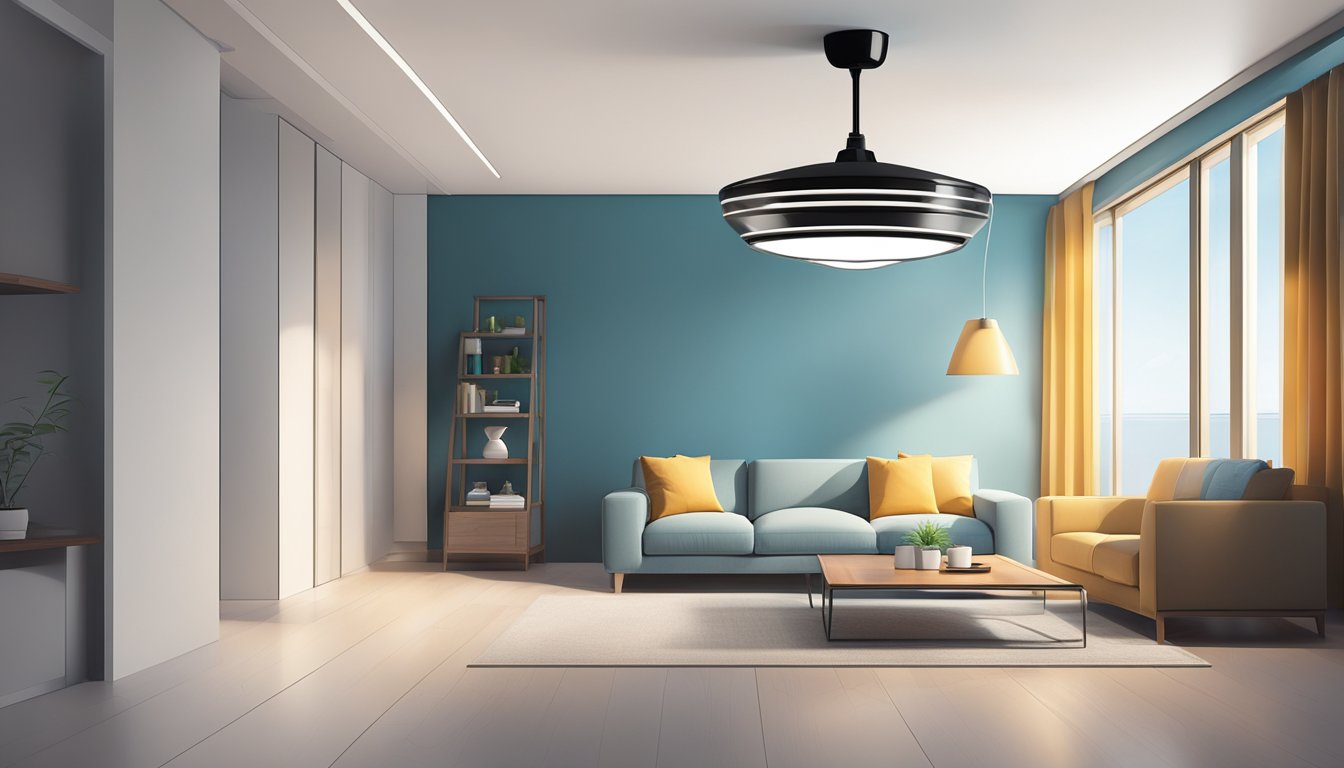 A remote control fan and light hang from the ceiling in a modern, minimalist room