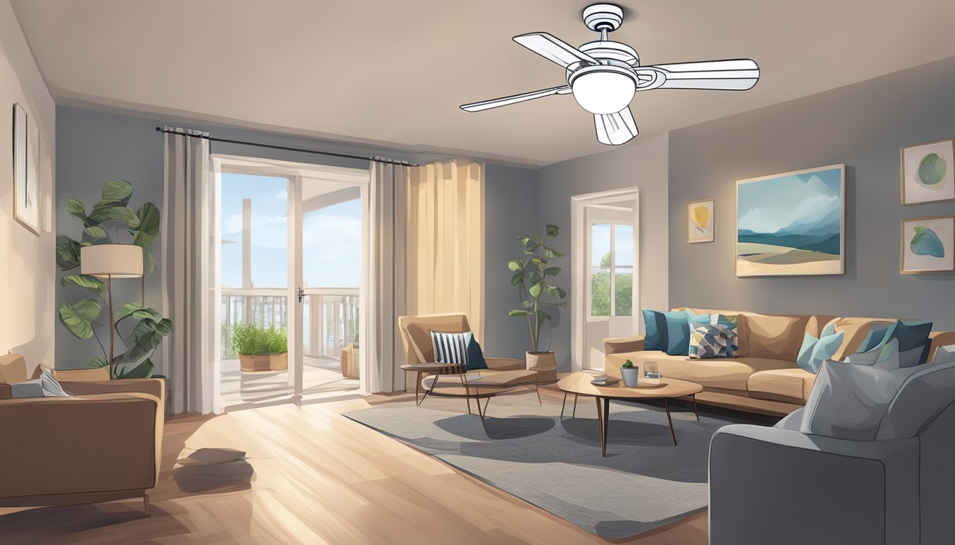 A hand holds a remote, pointing it at a ceiling fan with integrated light. The fan blades spin, and the light dims and brightens in response to the remote control