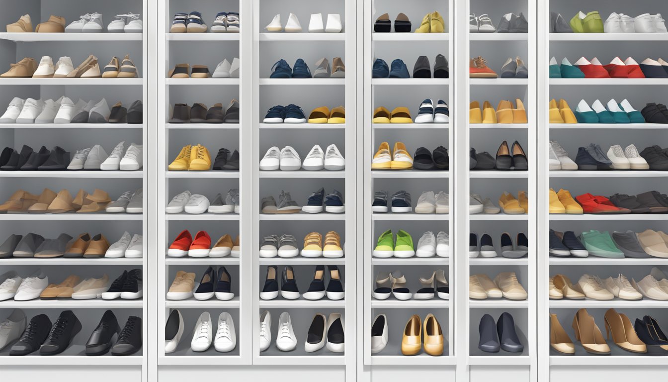 A sleek, white modern shoe cabinet with glass doors, displaying neatly arranged pairs of shoes