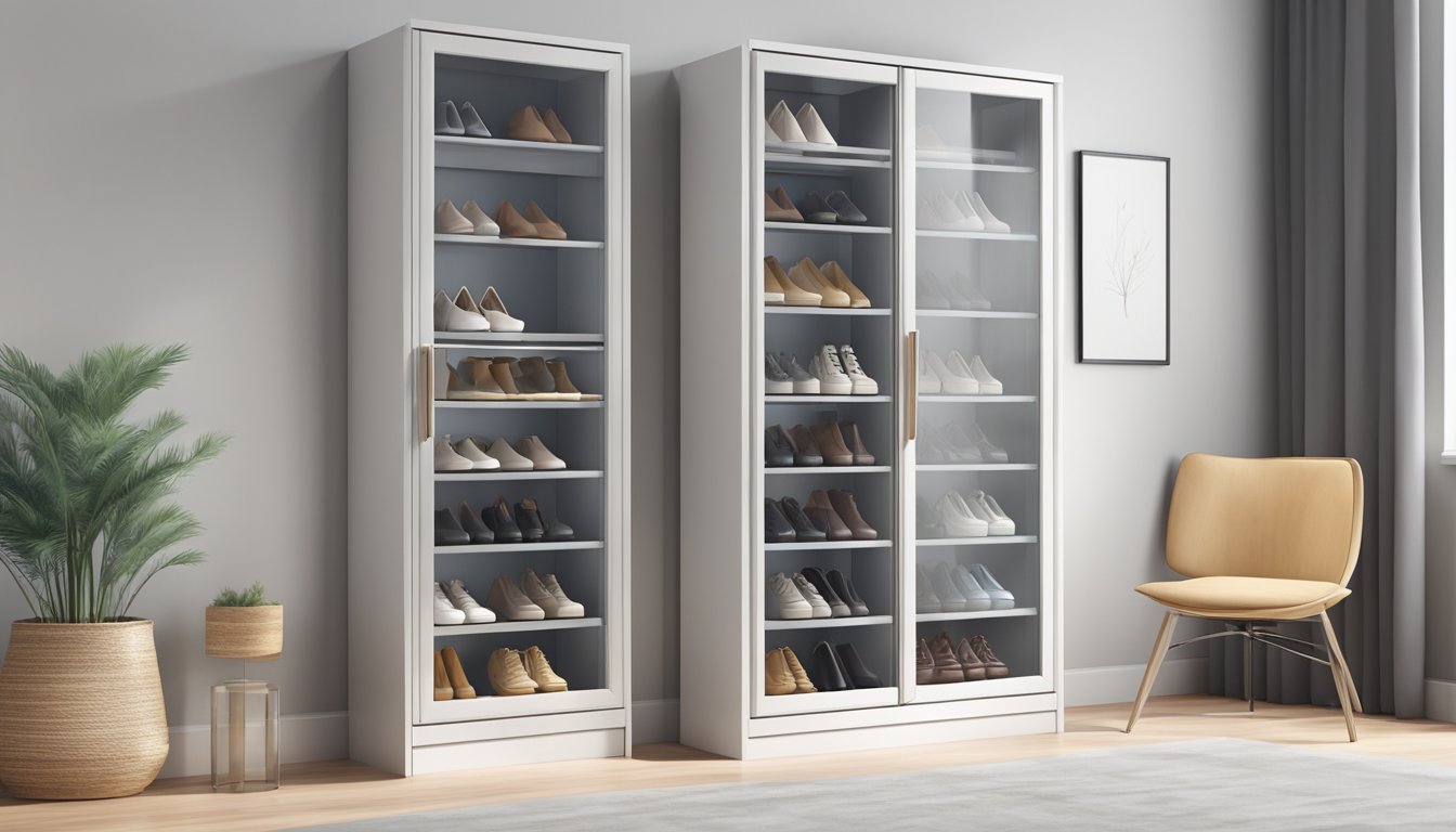 A sleek, modern shoe cabinet stands against a clean, minimalist backdrop. The cabinet features multiple shelves and compartments, with a glass door and metal handles
