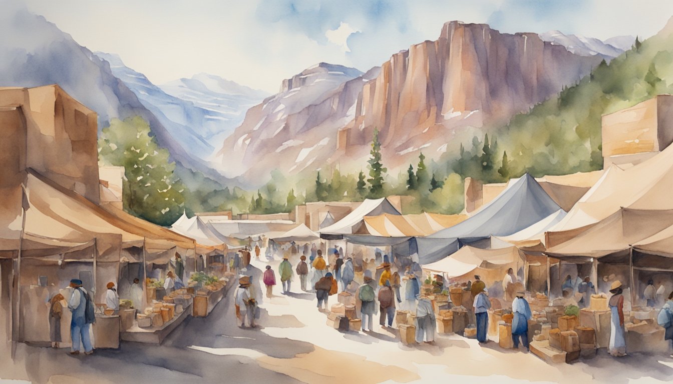 A bustling marketplace in Utah, showcasing Native American crafts, pioneer artifacts, and modern technology.</p><p>A backdrop of majestic mountains and a flowing river symbolize the state's rich culture, history, and thriving economy