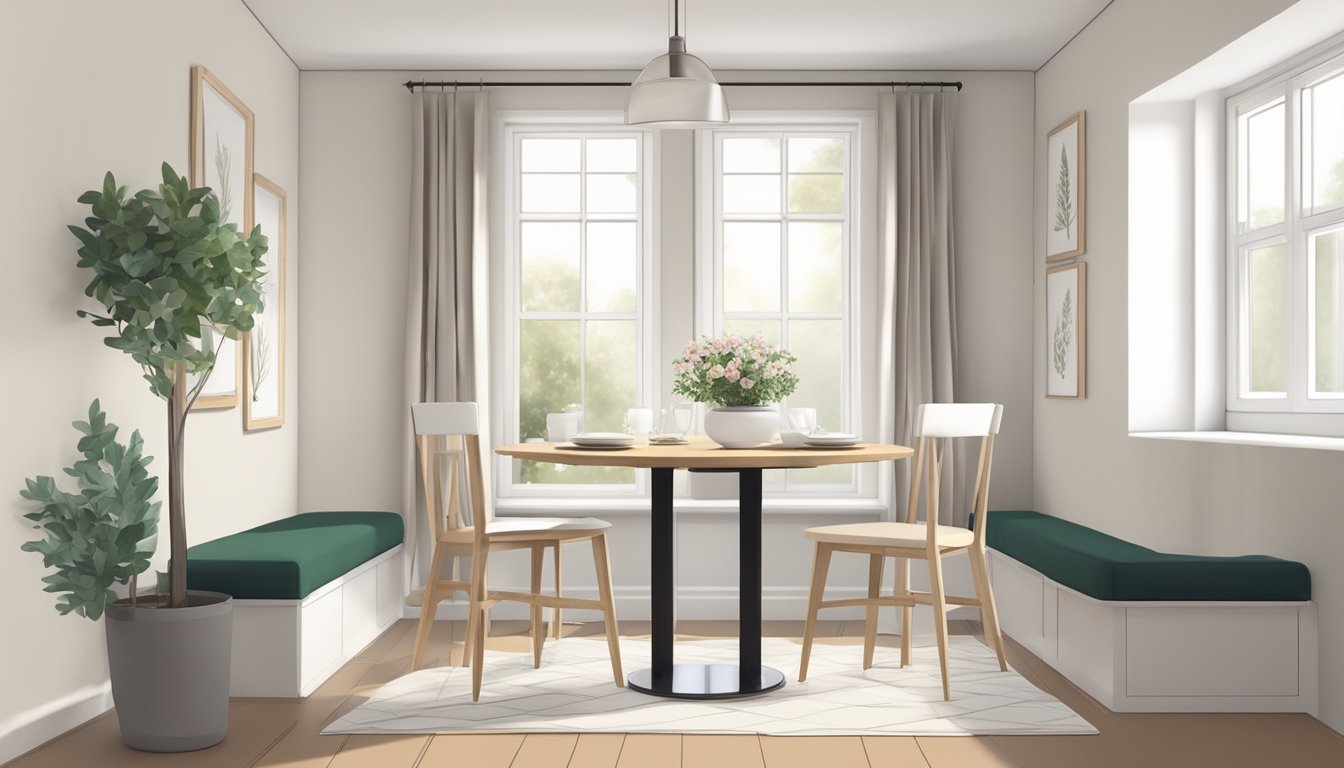 A cozy dining area in a small space with a round table, foldable chairs, and a built-in bench against the wall. The table is set with minimalistic dinnerware and a vase of fresh flowers