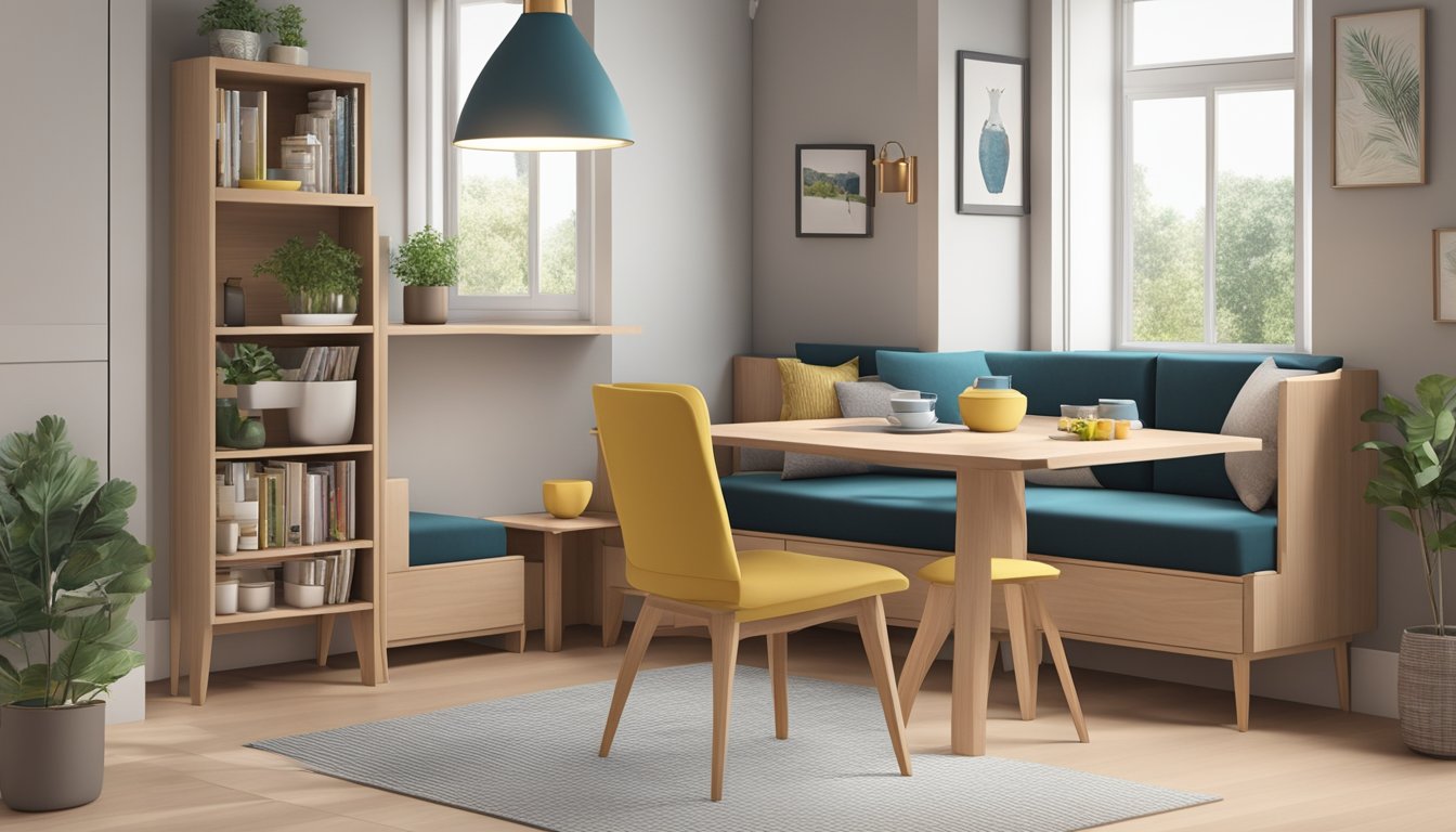A compact dining table and chairs in a cozy nook, with clever storage solutions and multi-functional furniture for small spaces