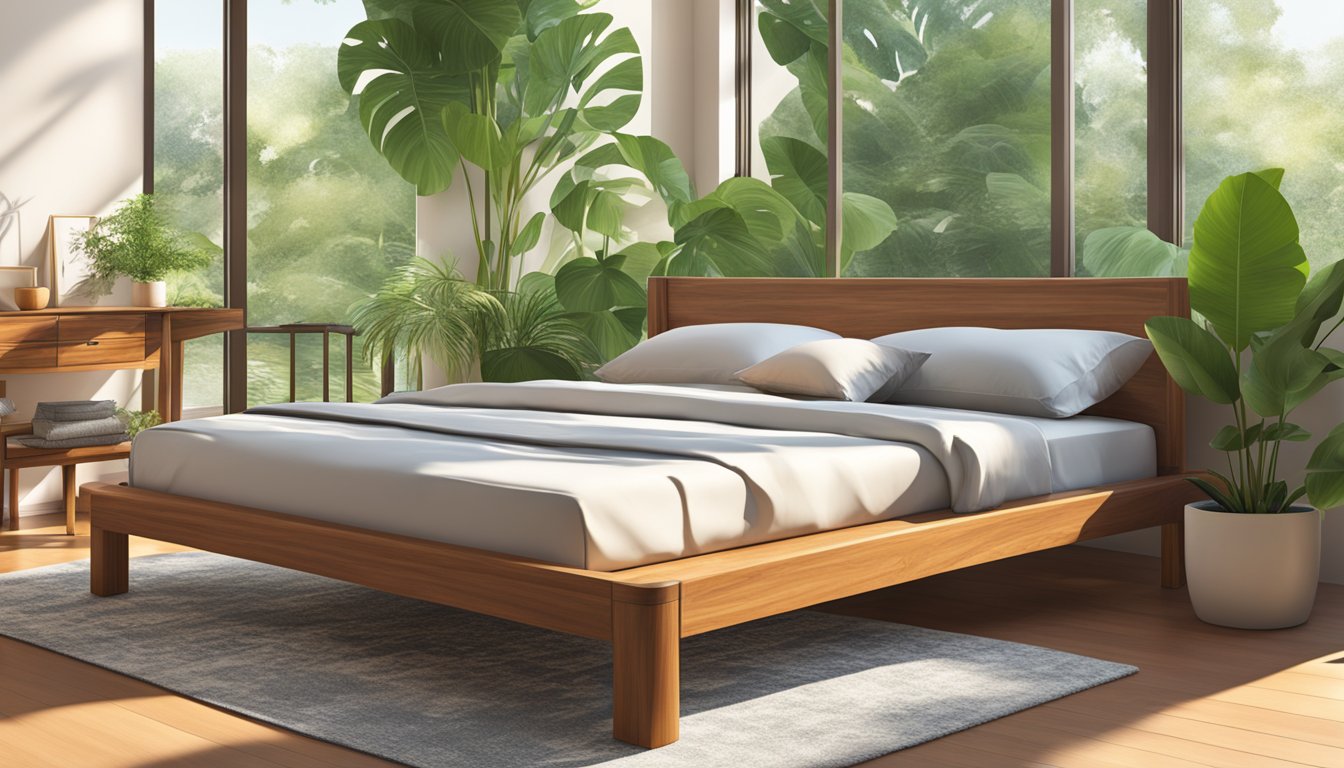 A teak bed frame stands in a sunlit room, surrounded by lush green plants and a cozy rug