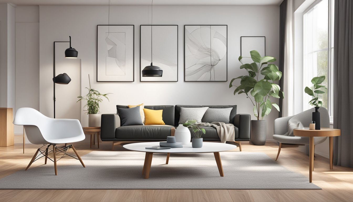 A modern living room with a white Eames plastic chair replica, placed next to a sleek wooden coffee table and surrounded by minimalistic decor