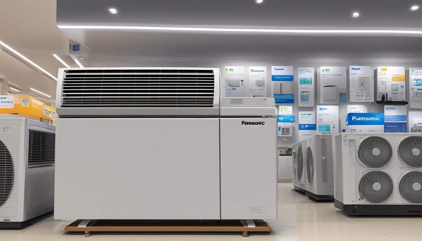 A sleek Panasonic air conditioner on display in a modern Singaporean electronics store. The price tag prominently displayed next to the unit