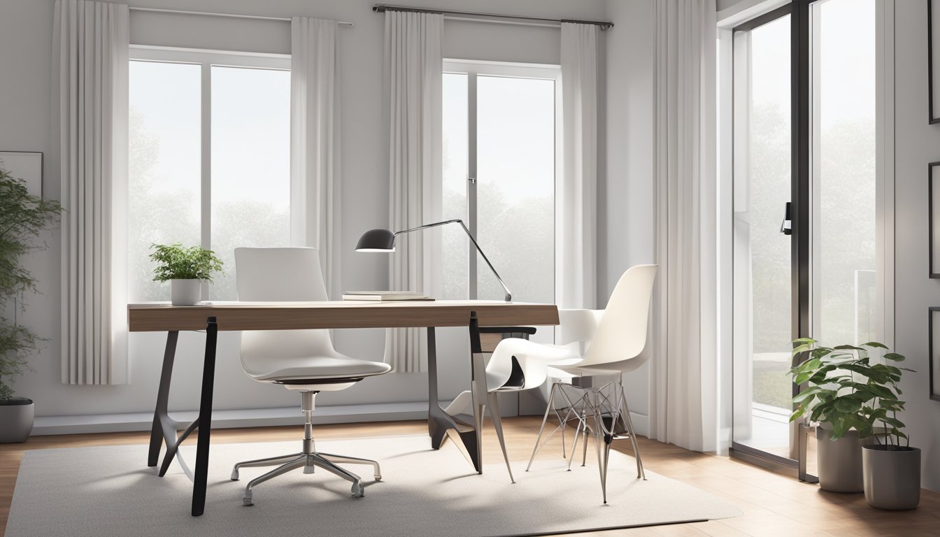 A room with a modern, minimalist aesthetic. A sleek, white Eames plastic chair replica sits at a simple, unadorned desk. Clean lines and open space convey a sense of practicality and functionality