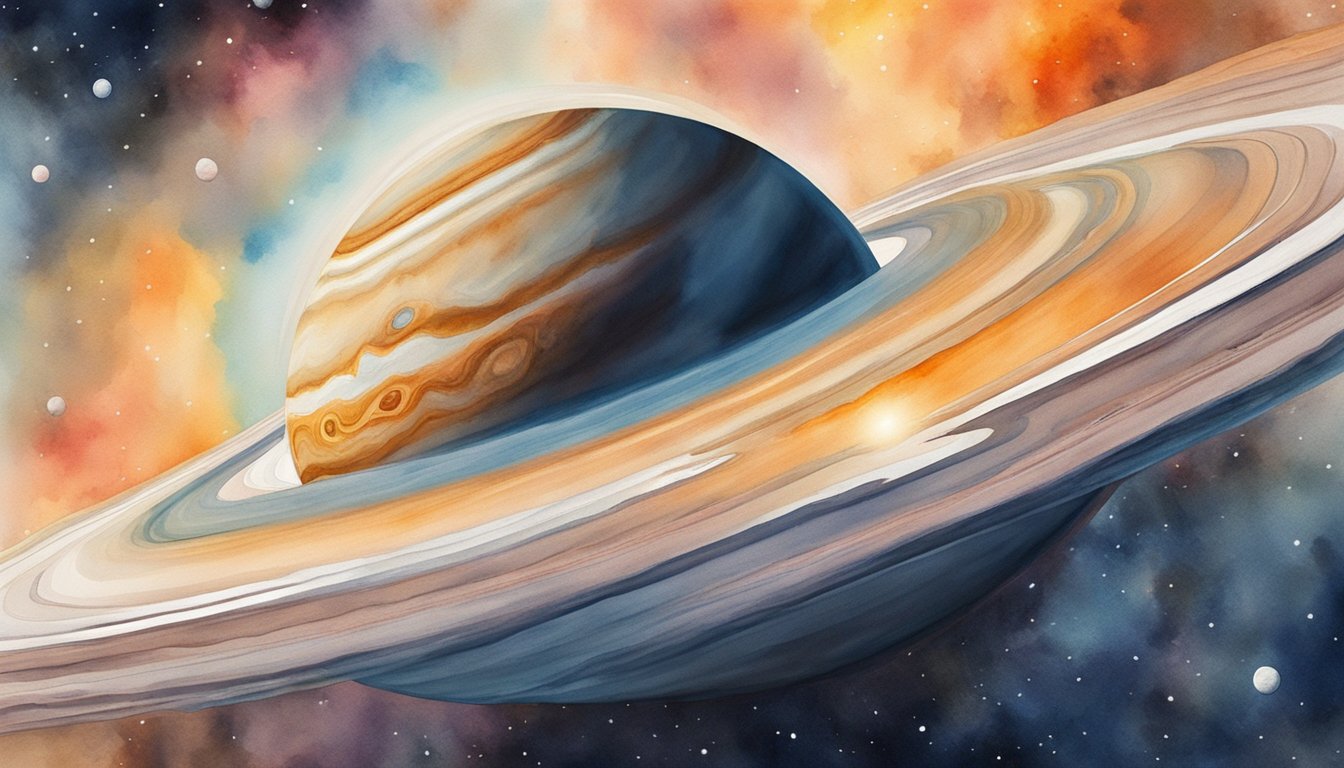 A massive gas giant with swirling bands and a prominent red spot, surrounded by its many moons in the vastness of space