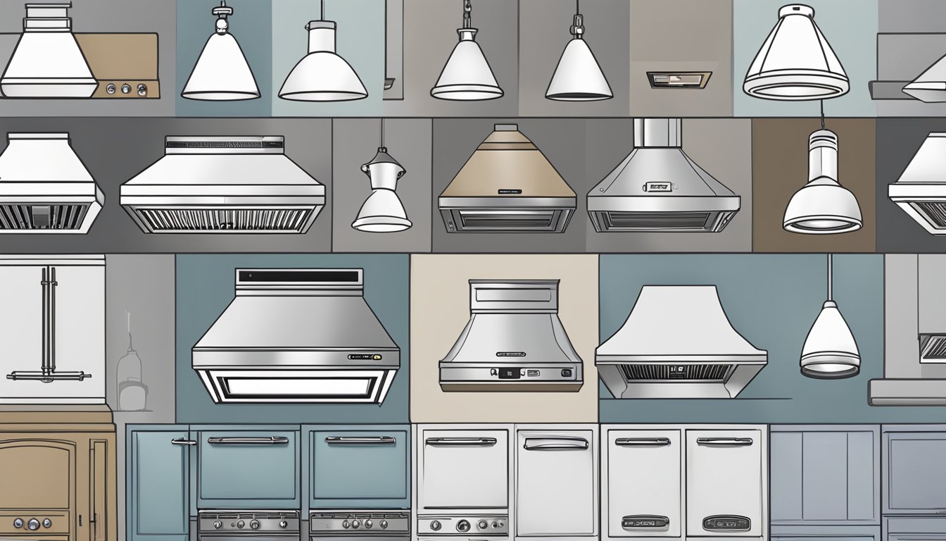 A hand reaches out to select from a lineup of top cooker hood brands, each displayed with their logos and features