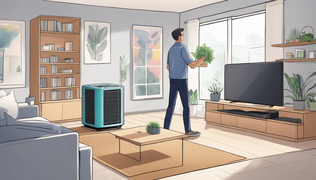 A customer buys a Panasonic AC at an electronics store. They take it home, unbox it, and install it in their living room