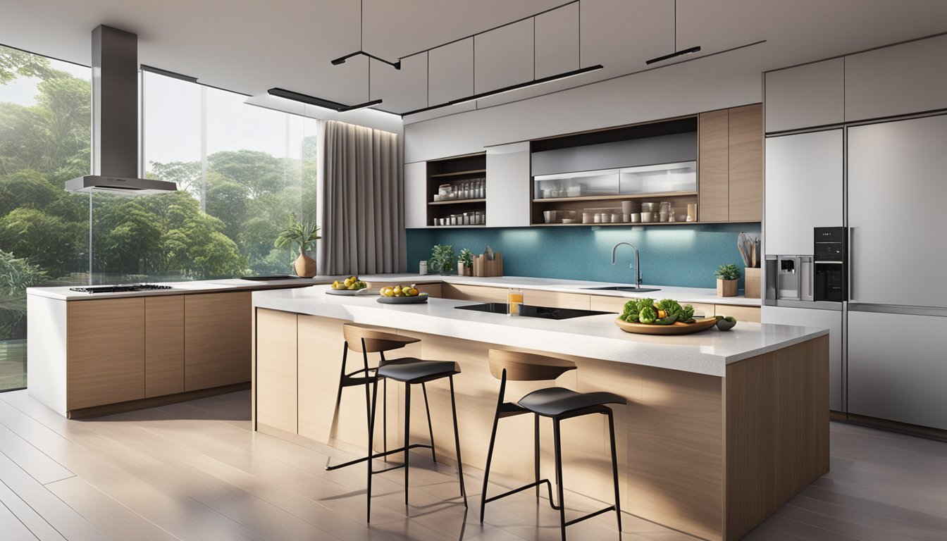 A modern, spacious kitchen in Singapore with sleek countertops, state-of-the-art appliances, and abundant natural light streaming in from large windows