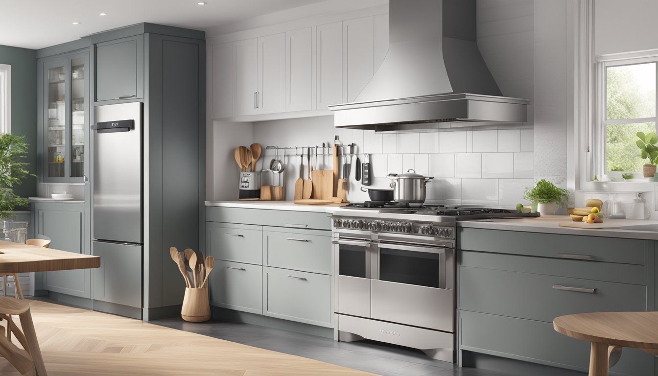 A sleek, modern kitchen with a prominent cooker hood brand logo, surrounded by various cooking utensils and a clean, organized countertop