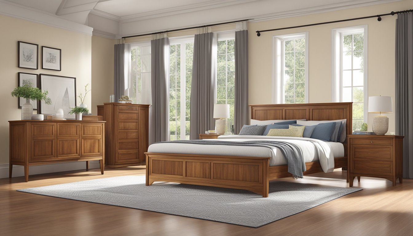 A teak bed frame stands tall in a spacious, well-lit bedroom. The rich, warm tones of the wood exude elegance and sophistication, creating a focal point in the room