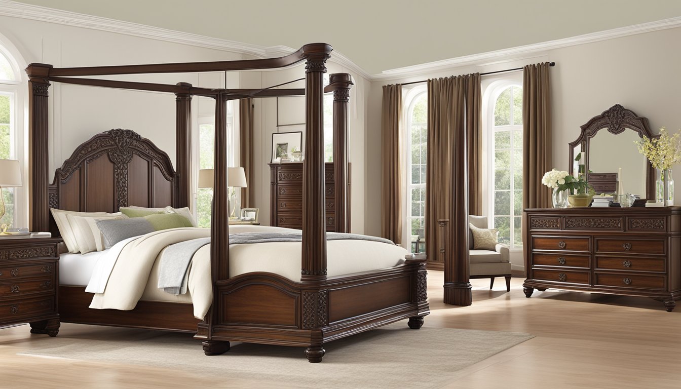 A teak bed frame stands tall, showcasing intricate craftsmanship and elegant design, with smooth, polished wood and sturdy construction