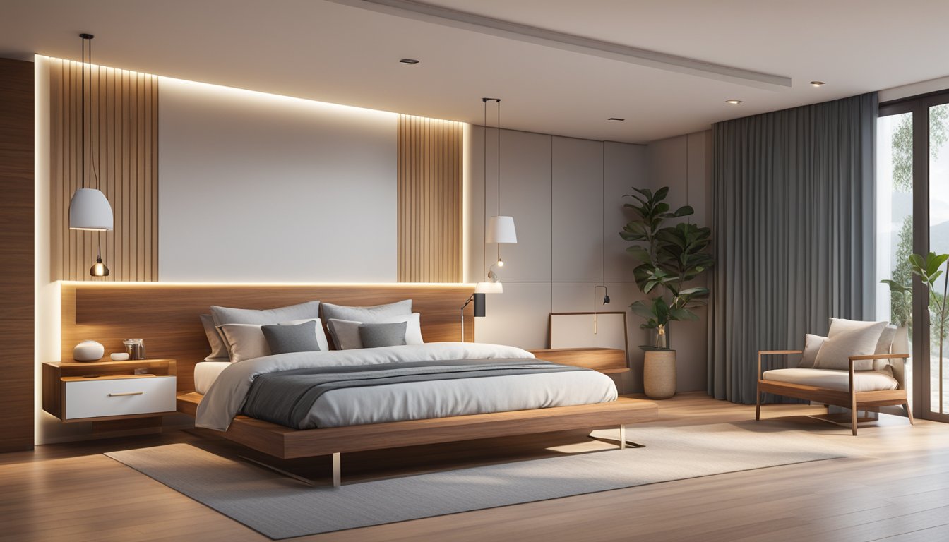 A modern teak bed frame stands in a spacious bedroom, surrounded by minimalist decor and soft lighting