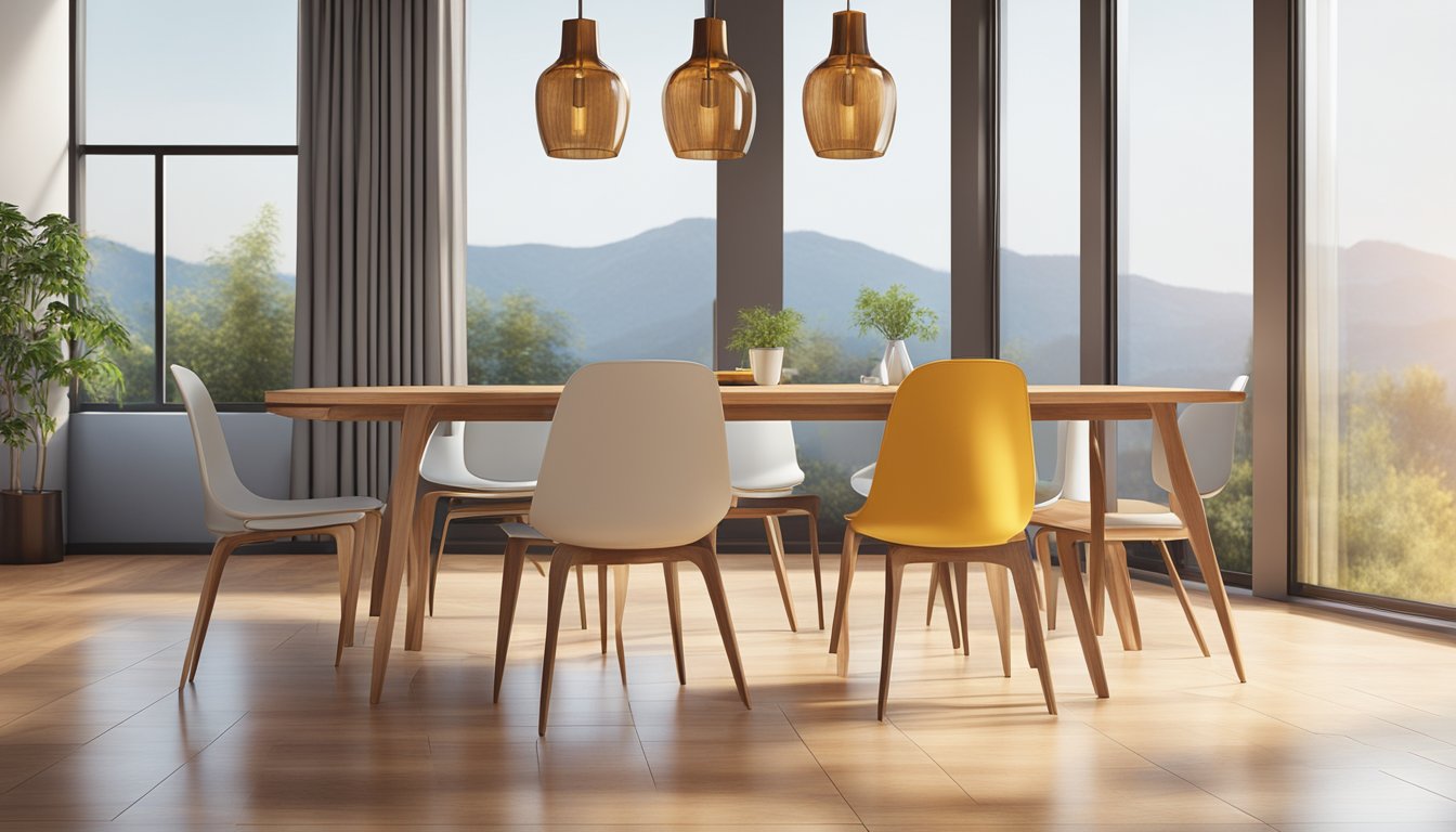 A row of sleek, modern dining chairs sit around a polished wooden table, bathed in warm natural light from a nearby window