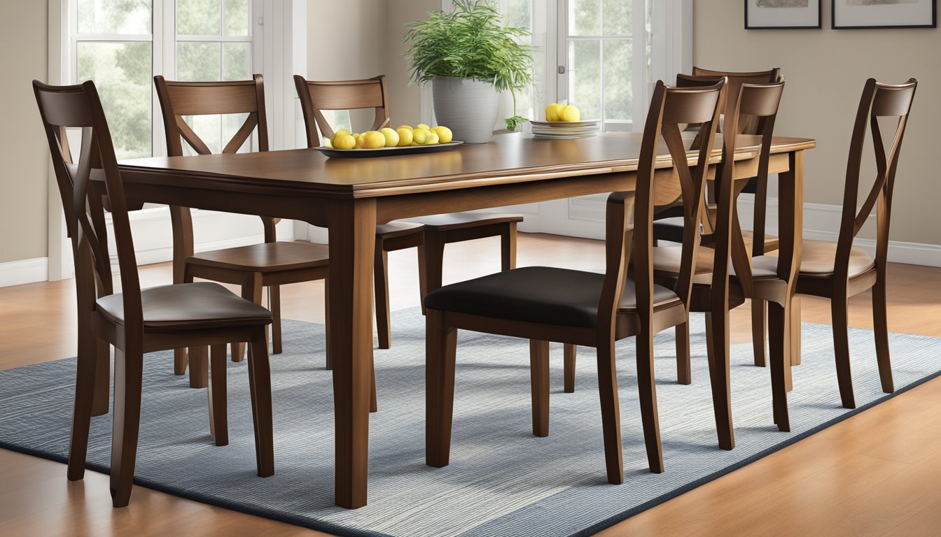 A solid wood dining table and chairs are displayed for sale