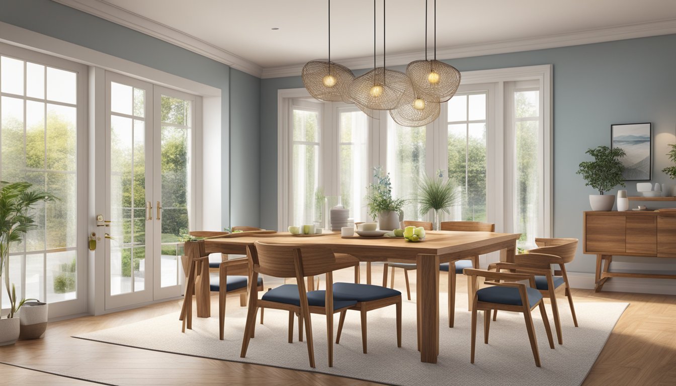A solid wood dining table surrounded by matching chairs, set in a spacious and well-lit dining room