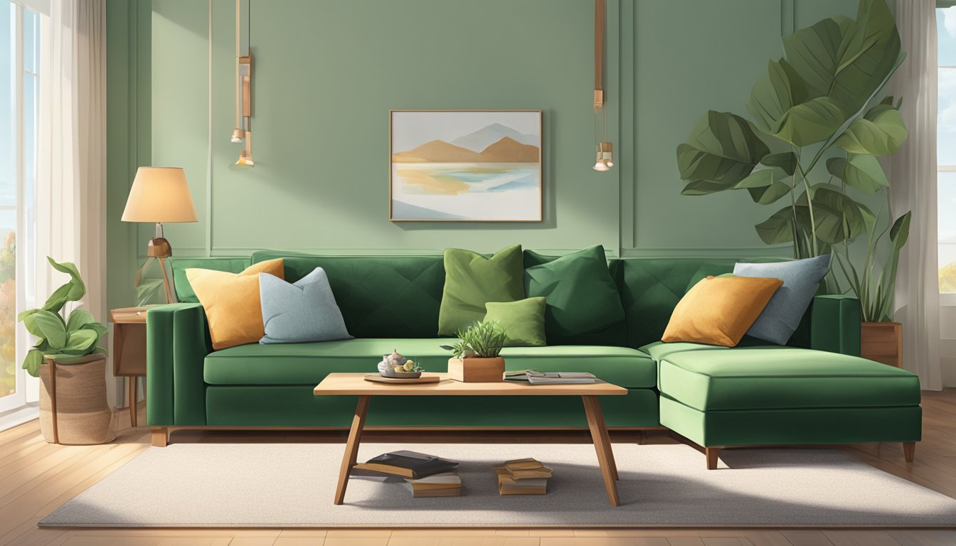 A green sectional couch sits in a well-lit living room, with throw pillows neatly arranged and a cozy blanket draped over one end