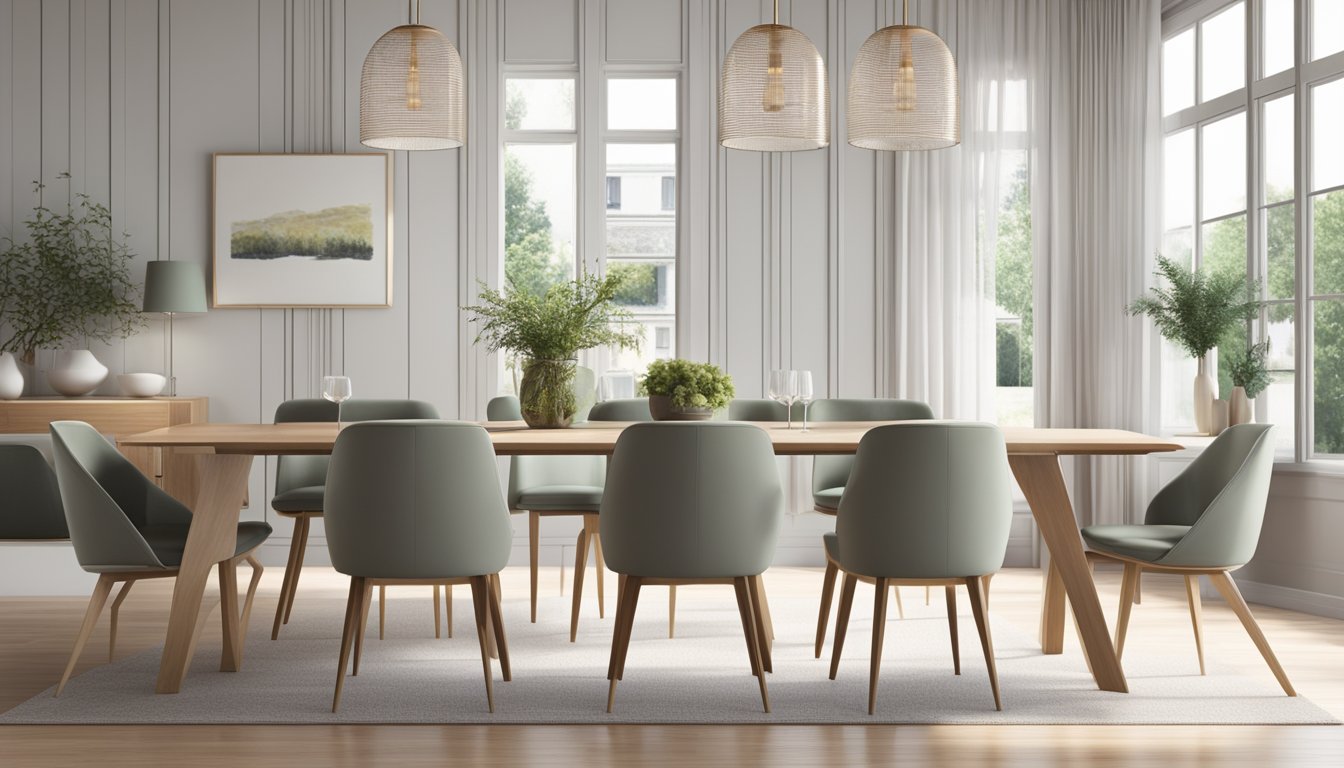 A row of stylish dining chairs arranged neatly in a bright, modern dining room, with a sleek table and elegant decor in the background