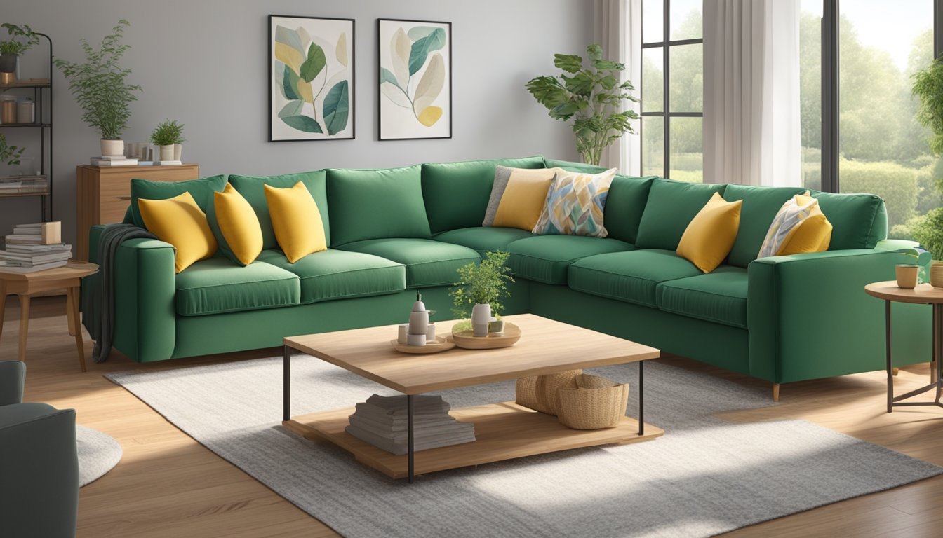 A person unboxes and assembles a green sectional couch, then fluffs and arranges pillows