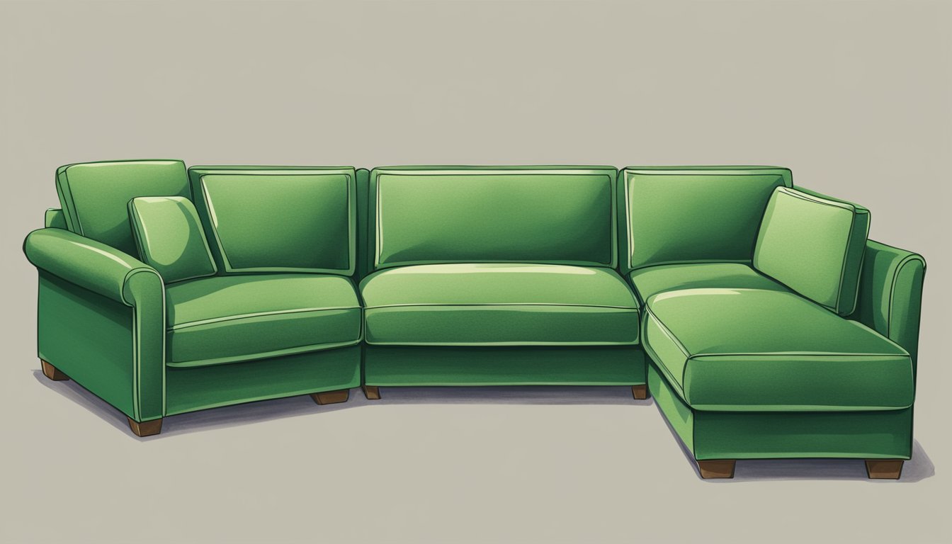 A green sectional couch with a "Frequently Asked Questions" sign displayed prominently