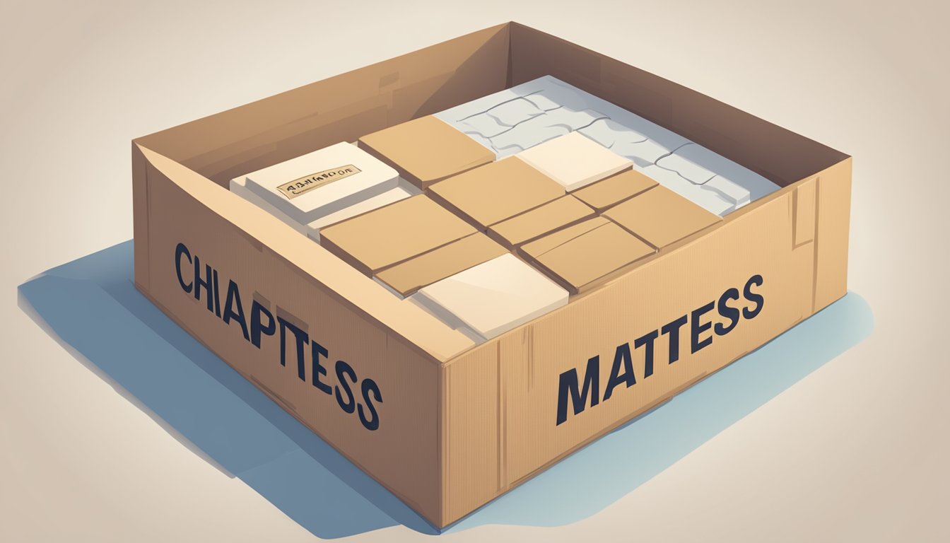 A cardboard box labeled "Cheap Mattress FAQs" surrounded by question marks and a price tag