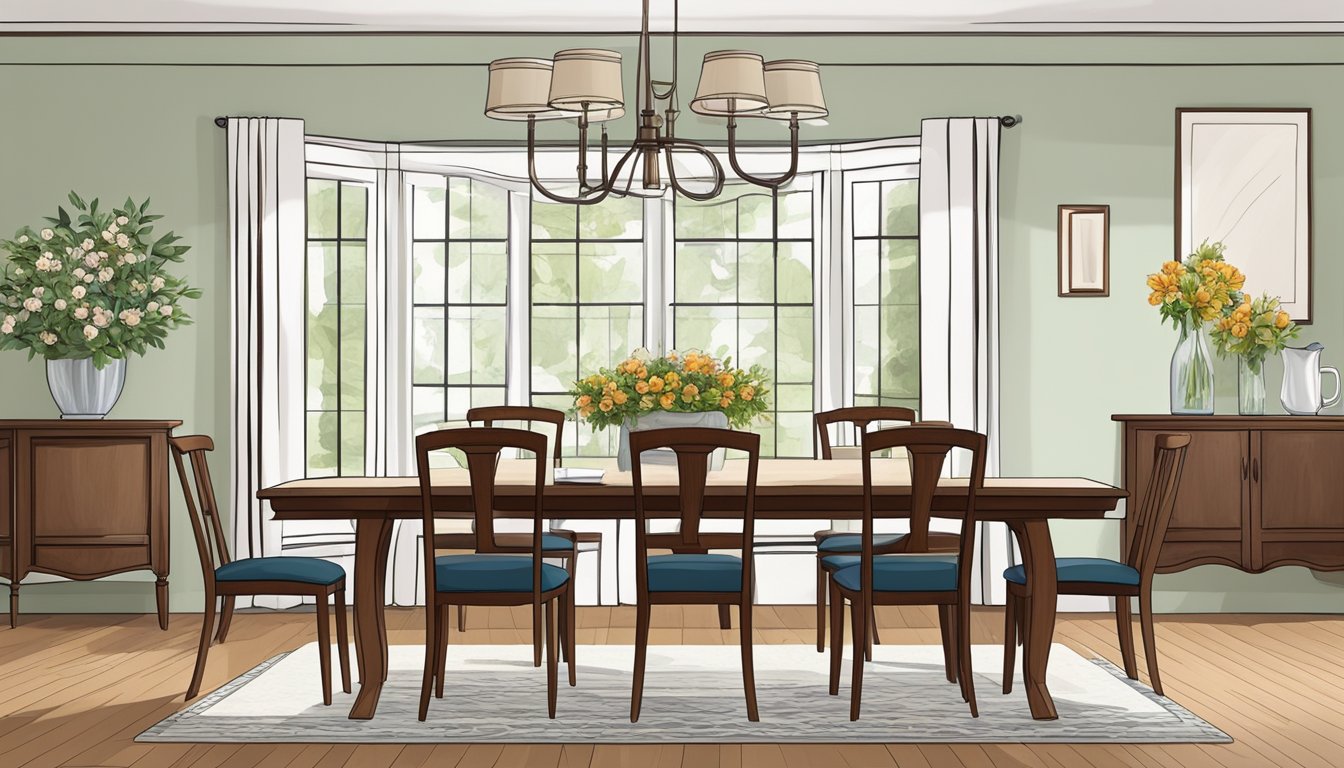 A solid wood dining table and chairs are arranged elegantly in a well-lit dining room, with a vase of fresh flowers serving as a centerpiece