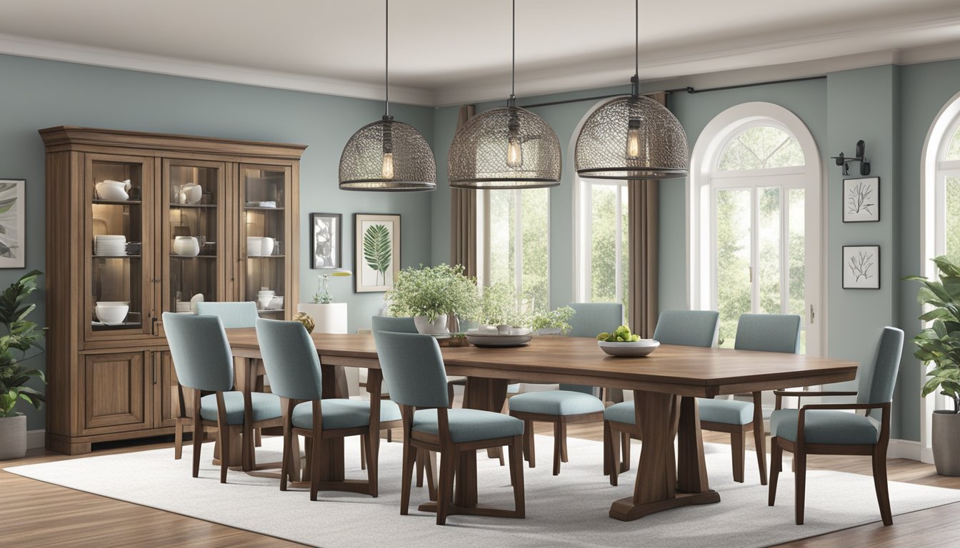 A solid wood dining table with matching chairs displayed for sale in a well-lit showroom