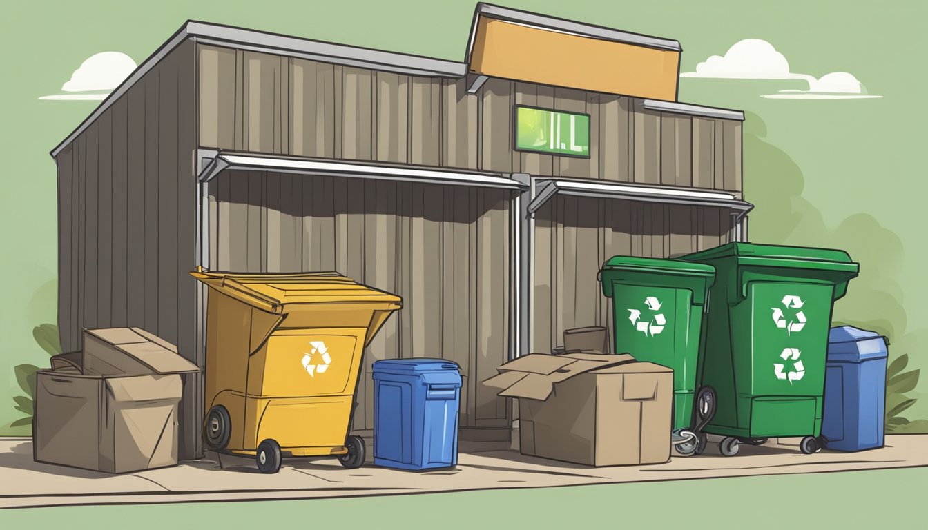 Old furniture piled by recycling bins, a sign indicating "bulk item drop-off," and a designated area for donation drop-offs