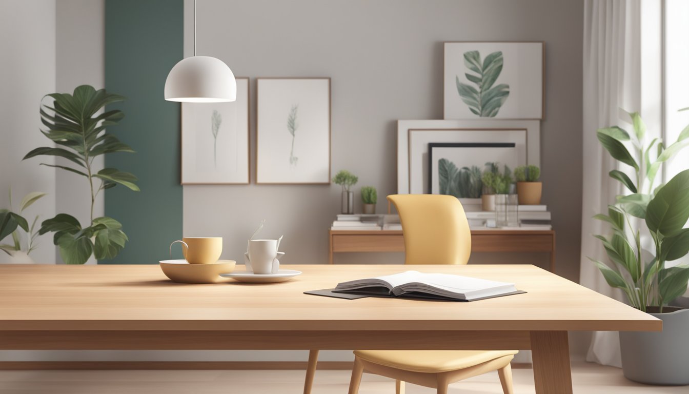 A modern wood table with clean lines and a smooth surface, placed in a well-lit room with minimalist decor