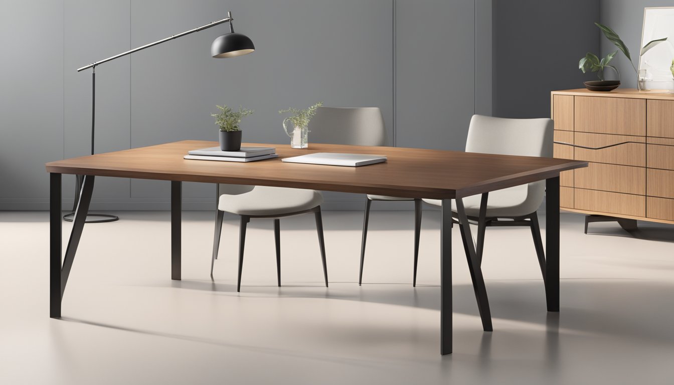 A sleek, minimalist wood table with clean lines and a natural finish, accented by metal or glass elements for a modern, sophisticated look