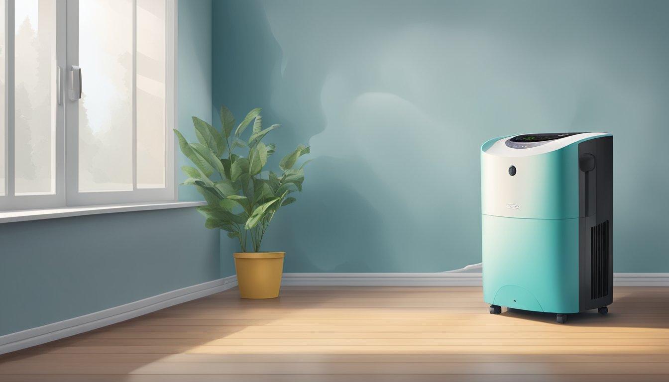 A dehumidifier sits in a damp room, removing moisture from the air. The room feels fresher, and mold and mildew are kept at bay