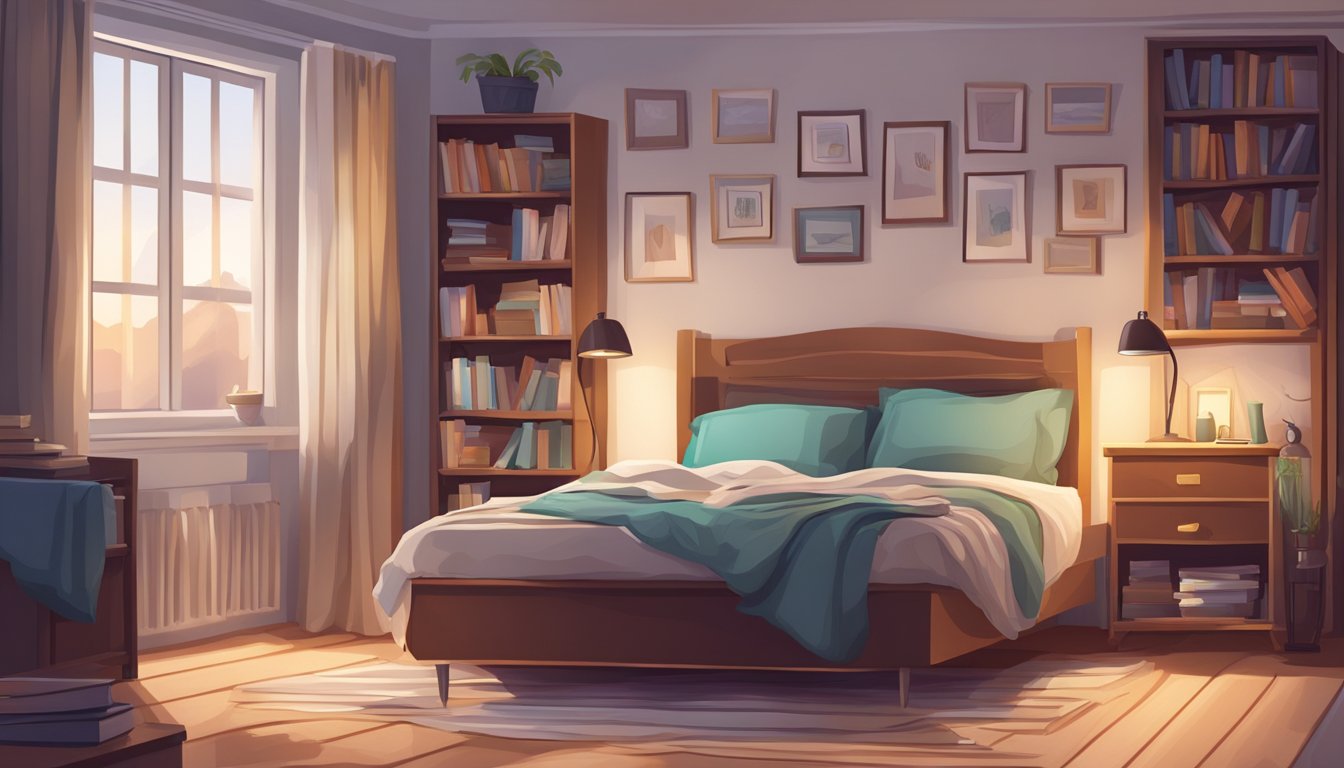 A cozy bedroom with a messy bed, a nightstand with a lamp, a bookshelf filled with books, and a window with curtains