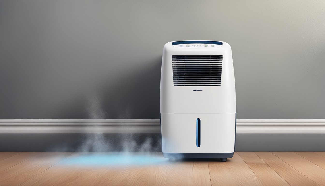 A dehumidifier sits in a damp room, removing excess moisture from the air. The room feels fresher and cleaner, reducing the risk of mold and mildew