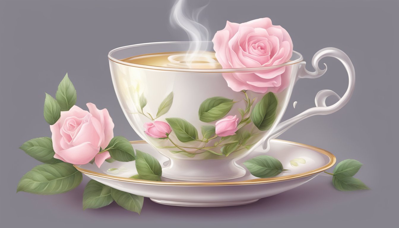 Aromatherapy: white tea and rose. Delicate steam swirls around a teacup, mingling with the soft petals of a pink rose