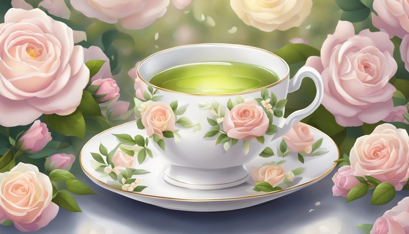 A delicate white tea cup sits among blooming roses, emitting a soothing aroma