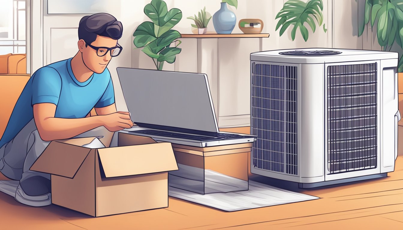 A person clicks "buy" on a laptop, then unboxes and installs an air conditioner in a living room