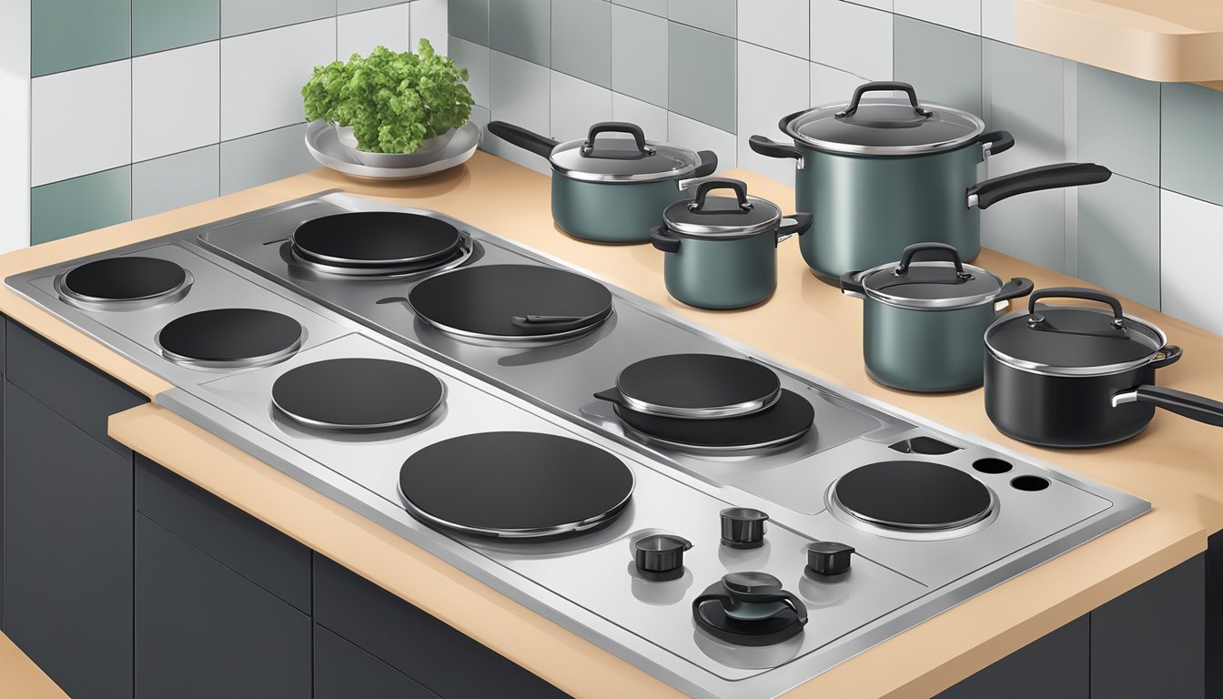 A variety of induction hob sizes arranged on a sleek countertop with pots and pans nearby