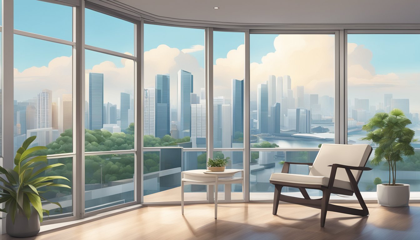 A modern living room with a sleek, white IKEA rocking chair, placed near a large window overlooking the city skyline of Singapore