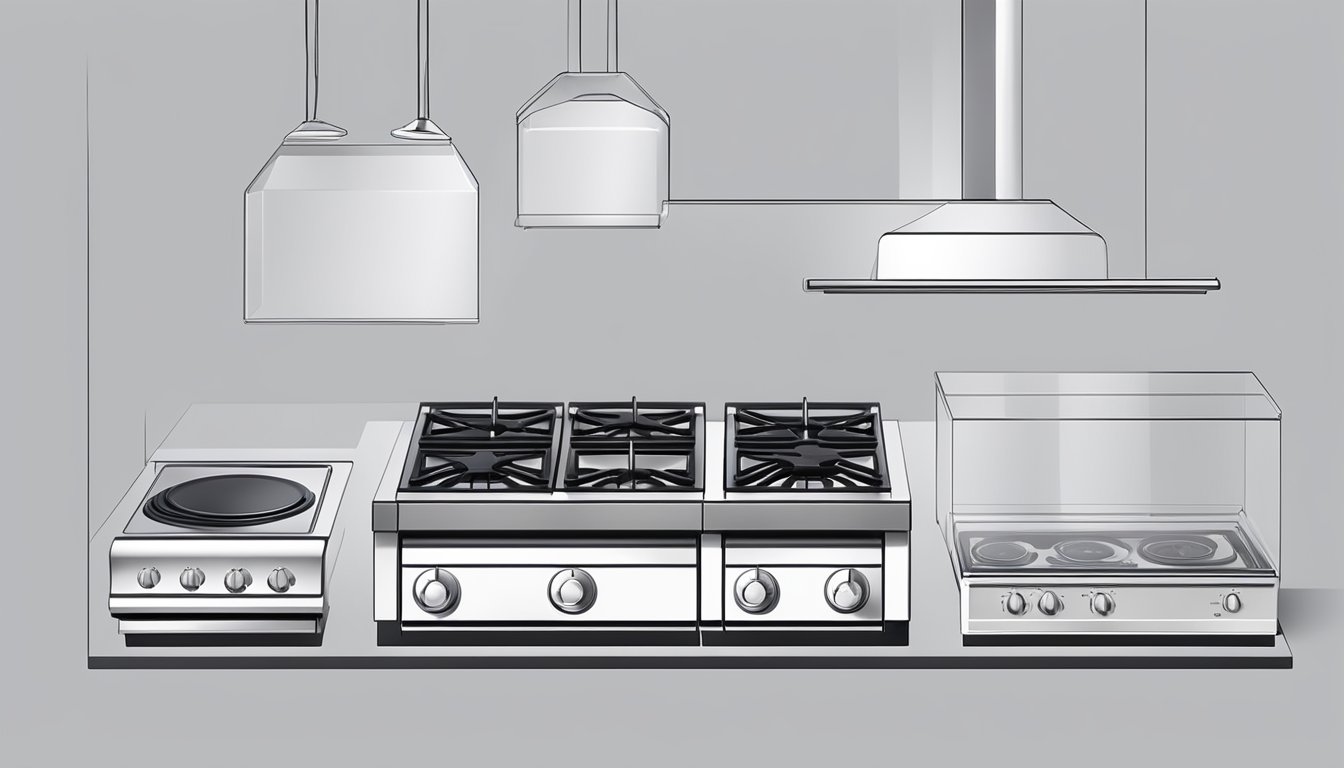 A variety of induction hobs in different sizes are displayed, with clear installation instructions nearby