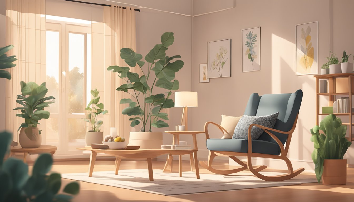 A cozy living room with a modern, sleek ikea rocking chair in the center. Soft lighting and a warm color palette create a welcoming atmosphere