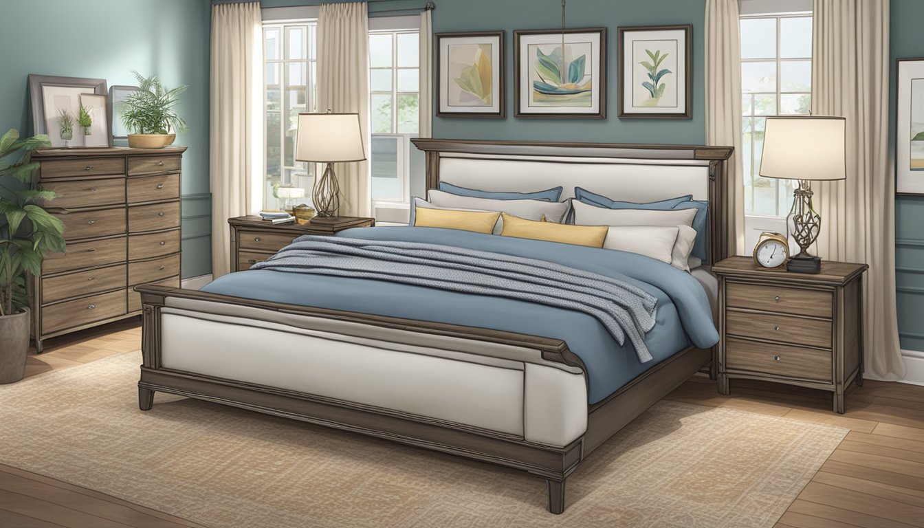 A king size bed frame surrounded by customers, with a "Frequently Asked Questions" sign and sale tags displayed prominently