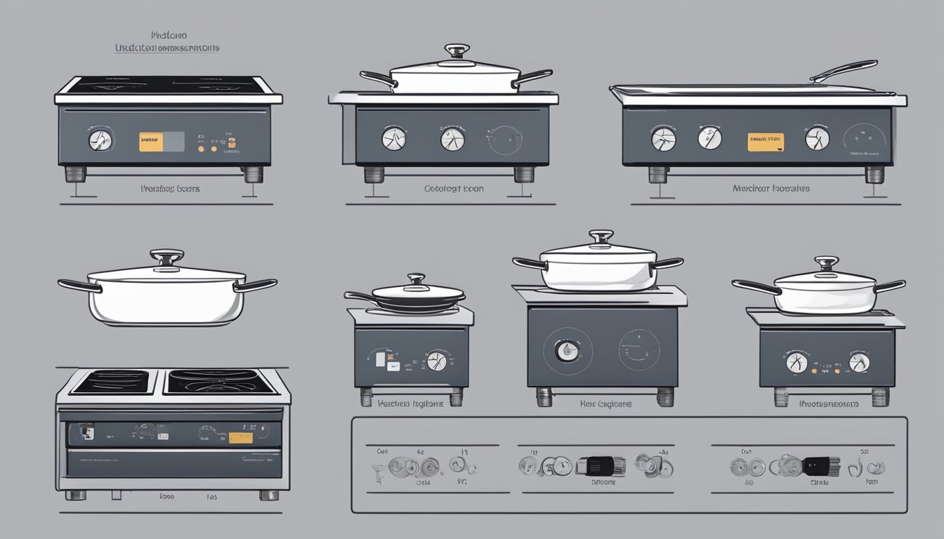 A variety of induction hob sizes displayed with corresponding labels and measurements for easy reference