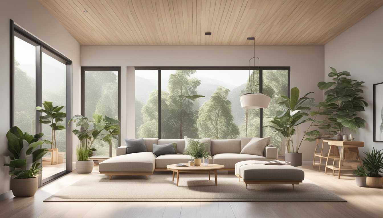A modern living room with minimalist furniture, neutral color palette, and natural materials like wood and stone. Large windows let in plenty of natural light, and there are plenty of indoor plants to bring a touch of nature indoors