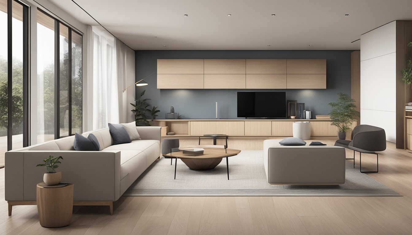 Sleek, minimalist furniture in a neutral color palette, accented by natural materials like wood and stone. Clean lines and open spaces create a sense of modern sophistication