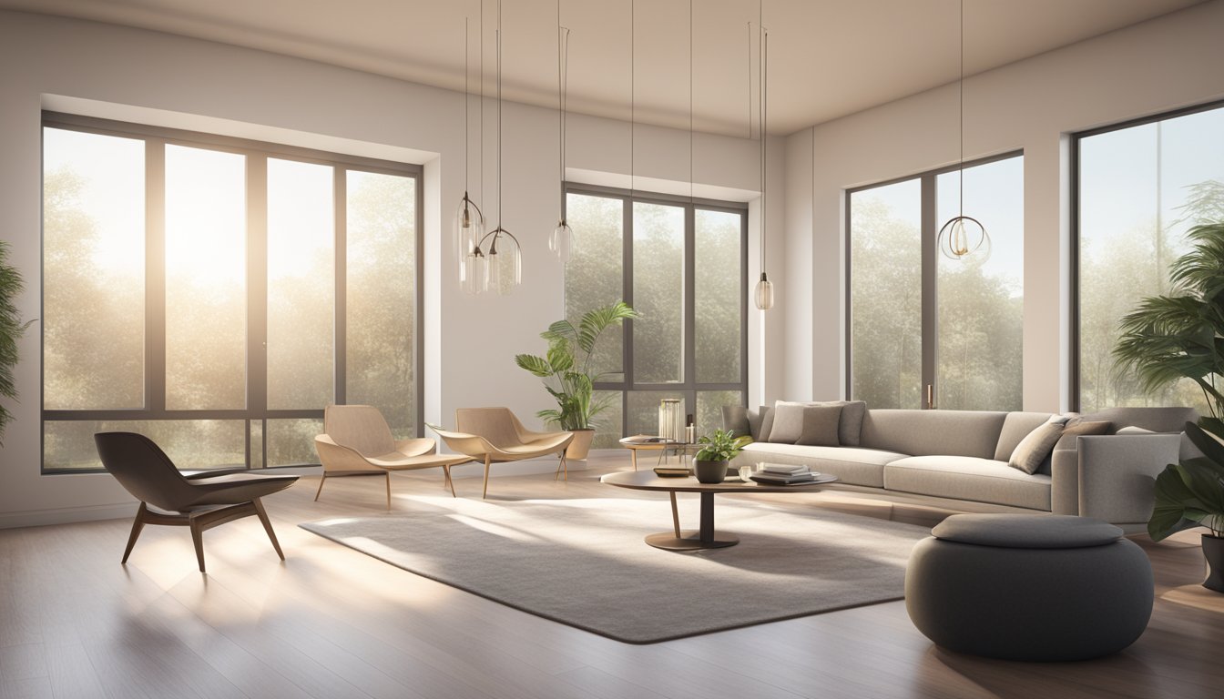 A well-lit room with a minimalist design, featuring a wishbone chair as the focal point. The chair is surrounded by modern decor and natural light streaming in through large windows