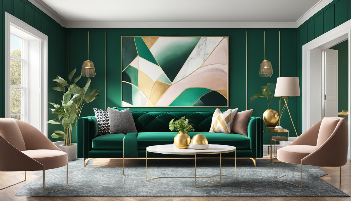 A modern living room with bold colors, mixed textures, and geometric patterns. A velvet sofa in emerald green, a marble coffee table, and a statement wall with textured wallpaper