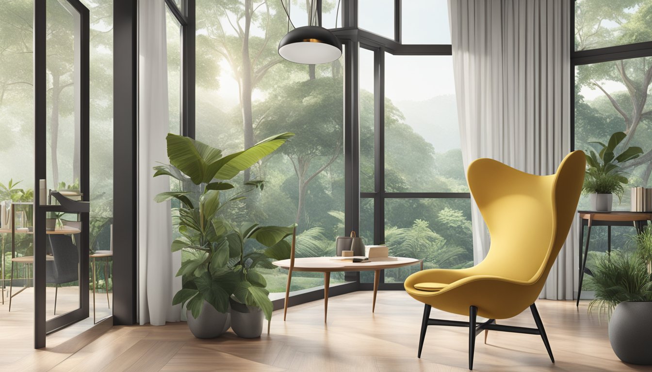 A sleek wishbone chair sits in a modern Singaporean home, surrounded by natural light and lush greenery